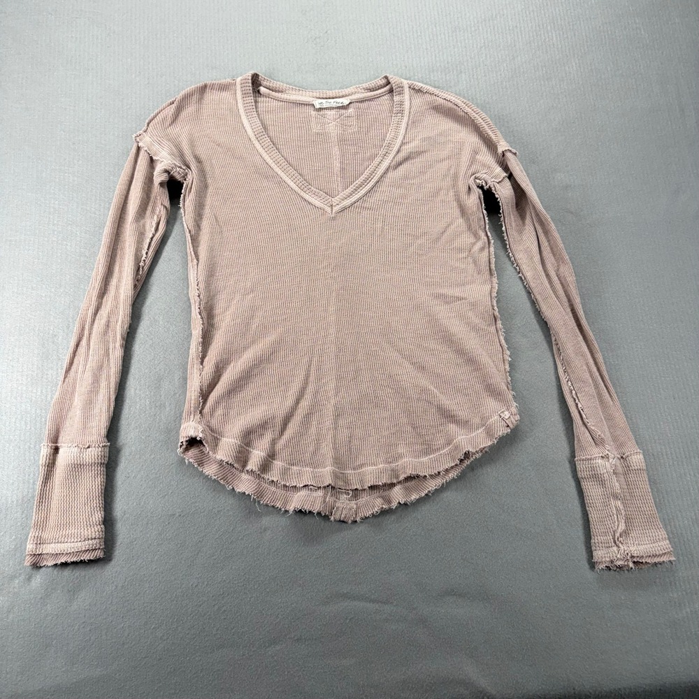 Free People We‎ The Free Thermal Top Womens XS Mauve Pink V-Neck Raw Seam Waffle